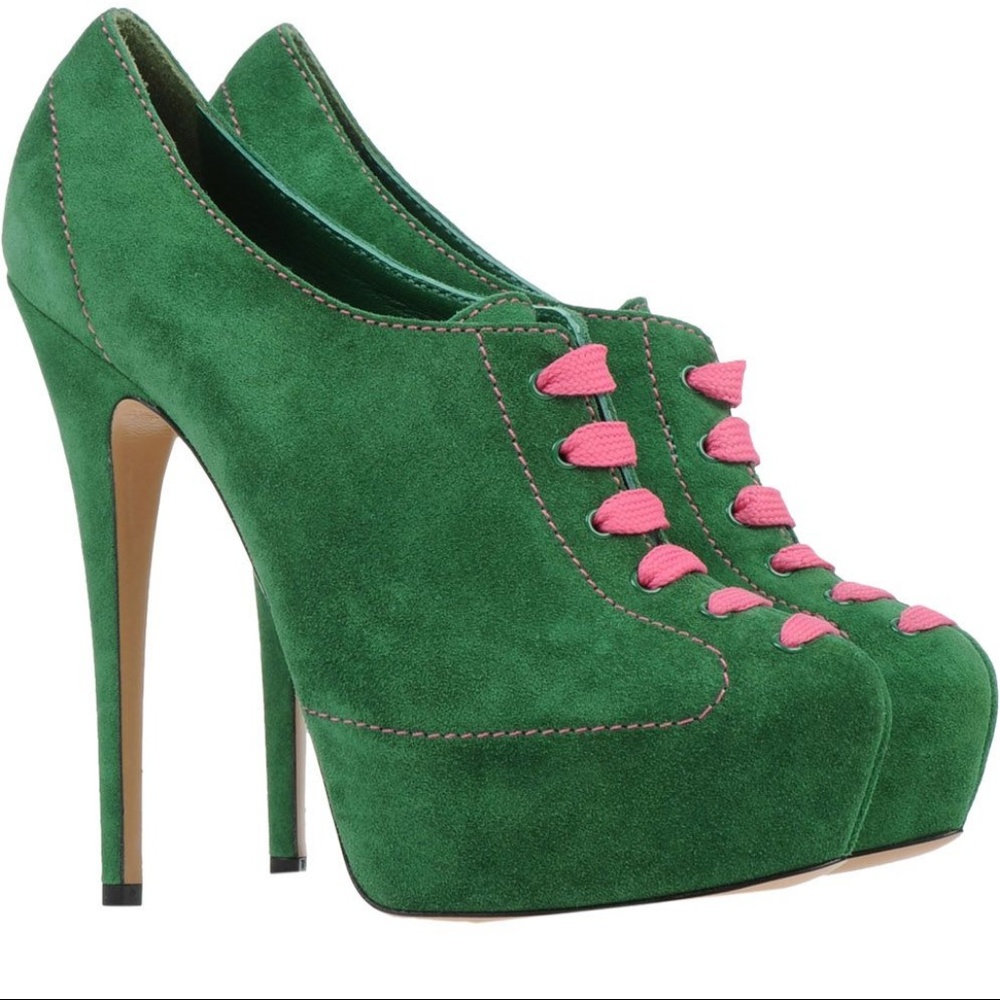 Casadei Green Suede Platform Ankle Booties with Pink Accents